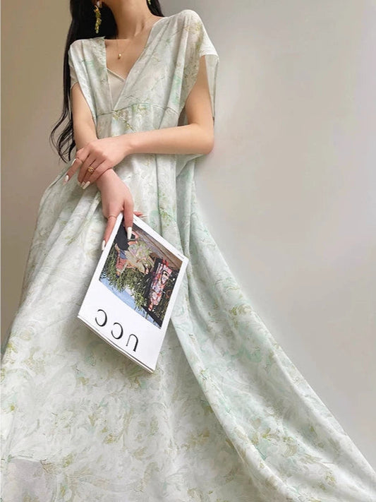 Aconiconi Luxury French Printed Loose Long Chiffon Summer Dress- Green Field Sunny Wind