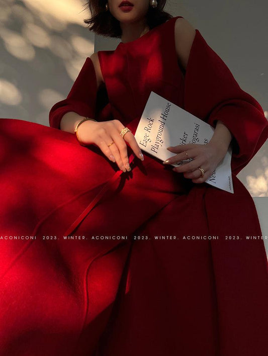 Aconiconi Elegant Red Crew Neck Bat Sleeves Long Straight cocoon Coat-  Gone with the Wind/Snow Chant