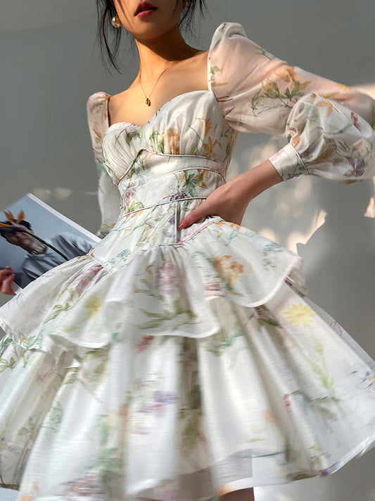 Aconiconi Elegant Square Collar French Flower Print Tea Dinner Dress - Berlin Flower