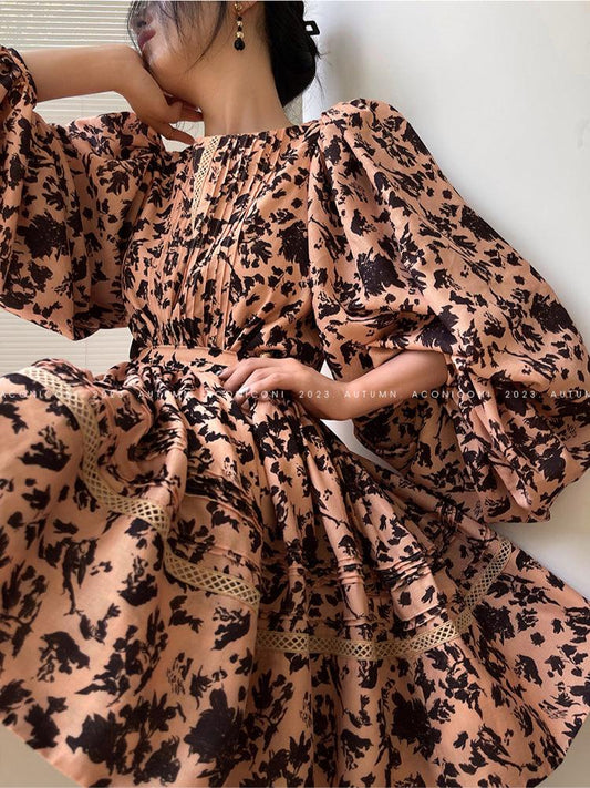 Aconiconi French print high-end balloon sleeve top/skirt - Lin Yingyu