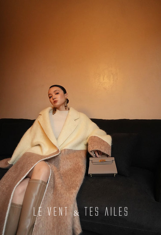 LE VENT&TES AILES French luxury fine long color-block wool coat -ALEC.