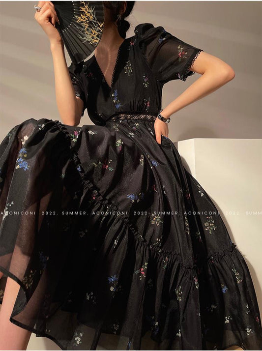 Aconiconi Luxury Black Retro Floral Print V-Neck Slim Waist Midi Cocktail Dress- Dark Fragrance