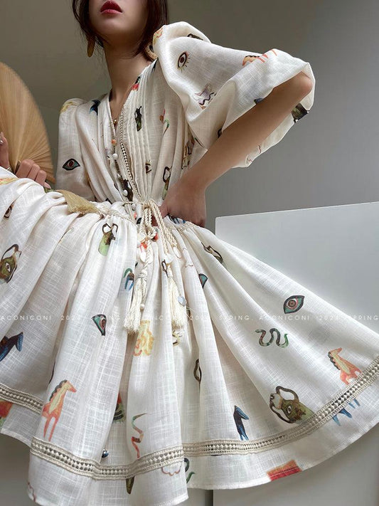 Aconiconi Luxury French Style Printed Puff Sleeve Loose Short Chic Dress- Eden Whisper