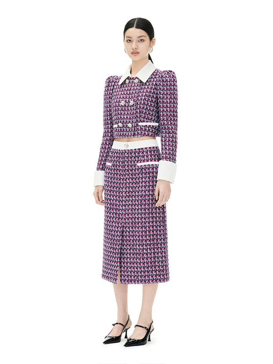 YES BY YESIR  grid plaid tweed pattern jacket and skirt suit set - Grape.