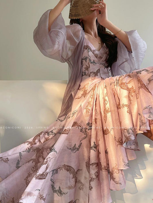 Aconiconi Luxury Retro Print Long Summer Dress- Roman Love Letter