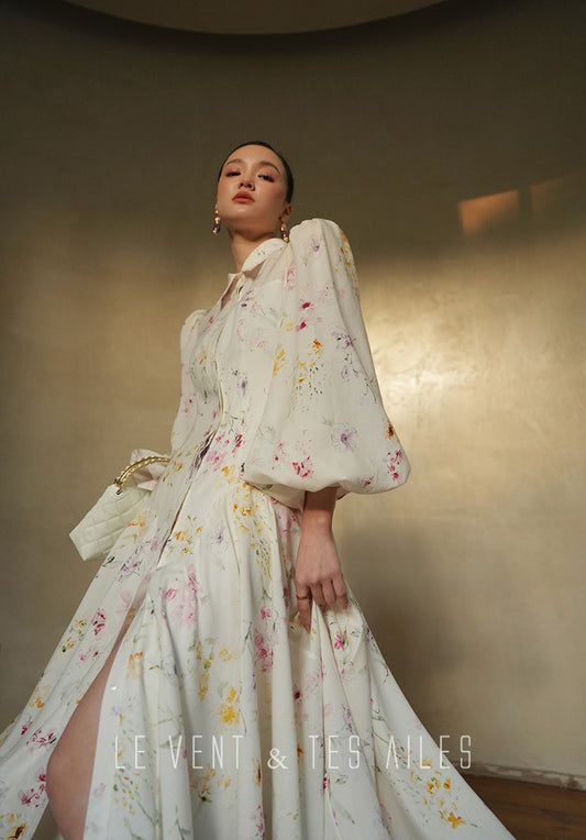 LE VENT&TES AILES Luxury summer vacation floral print Fancy Midi Dress-ZOE