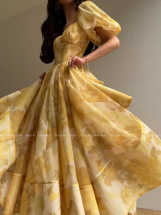Aconiconi Luxury Yellow French Print Puff Sleeve Long Princess Dress- Midsummer Lemon