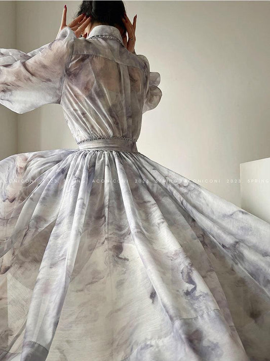 Aconiconi Elegant Light Blue French Tie-dye Lace Shirt- Floating Island