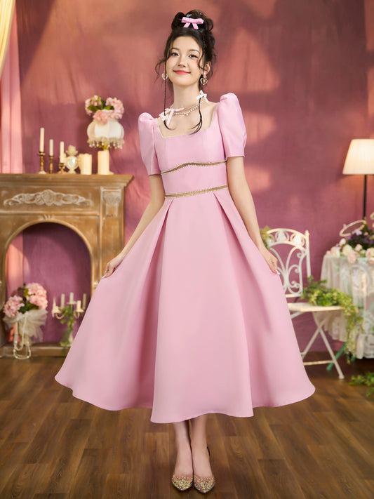 pink satinsquare neck luxury high-endarge swing midi skirt dress - Leiil