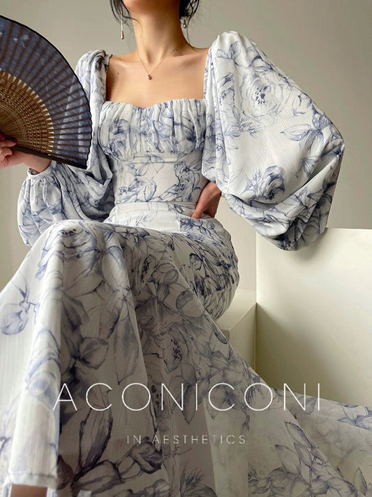 Aconiconi Luxury Square Neck Lantern Sleeve Top/ long Skirt-  Angelica dahurica frost