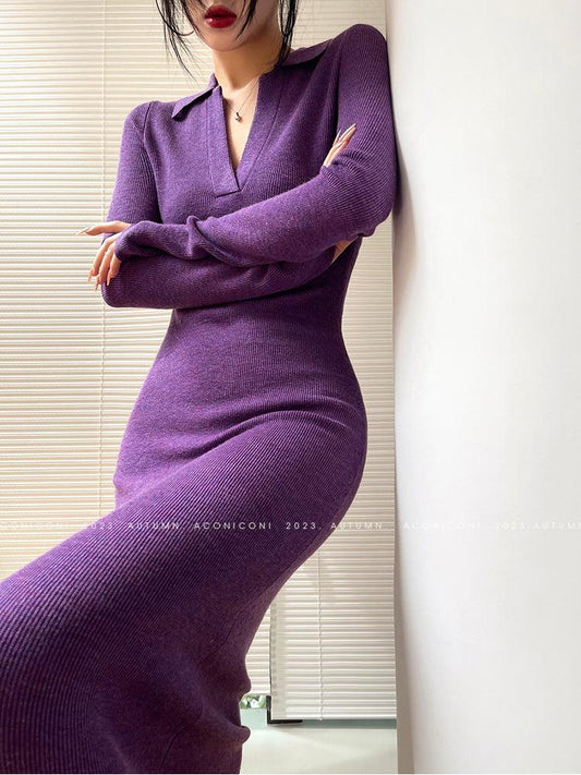 Aconiconi Luxury Purple V-Neck Long Sleeve Knitted Long Dinner Dress- Shallow Dusk