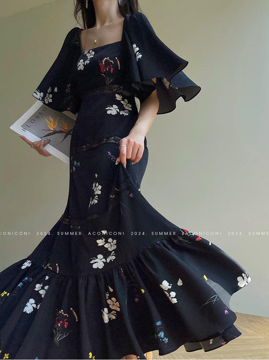 Aconiconi's Elegant Square Collar Flying Sleeve French Long Dinner Dress- Moonlit Night Flower