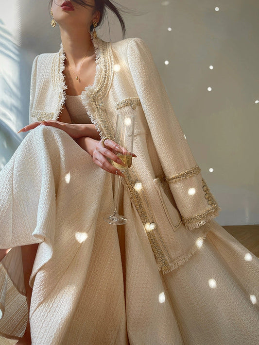 Aconiconi High End Cream V-Neck Long Sleeve Tweed blazer Jacket-  Shiraishi Kaiyin