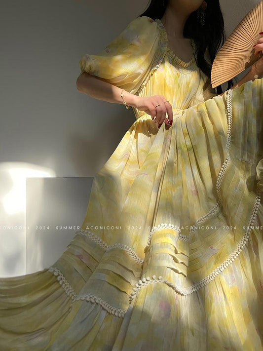 Aconiconi Luxury Yellow French Print Loose Long Resort Dress - Japanese late summer