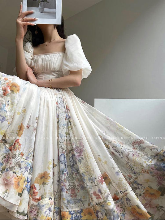 Aconiconi Elegant Square Collar French Print Maxi Resort Dress- Butterfly Spring Dust