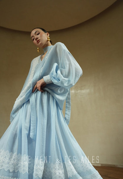 LE VENT&TES AILES pastel blue elegant summer vacation  V-neck shirt skirt set -GWEN