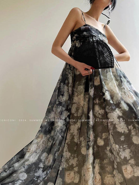 Aconiconi Luxury Chinese Style Ink Floral Print Loose Summer Suspender Dress-  Mohua