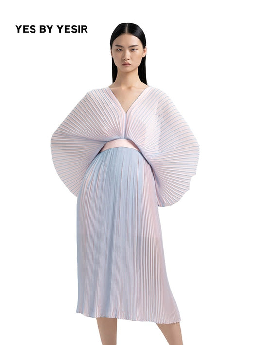 YES BY YESIR pressed pleated long pastel ombre flowy dress- Ye Qian.