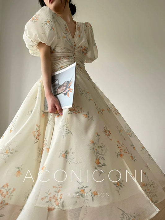 Aconiconi Luxury French Beaded V-Neck Floral Slit Midi Tea Dress- Primrose Freesia