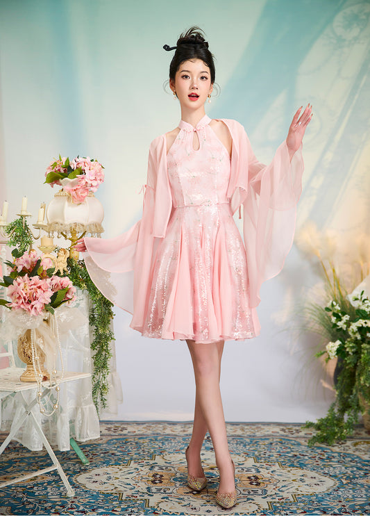 Yige retro pink stand collar modern cheongsam short dress shawl - Shilla