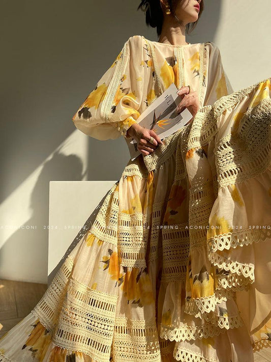 Aconiconi Warm French Printed Lace A-line Swing Resort Dress- Orange Blossom