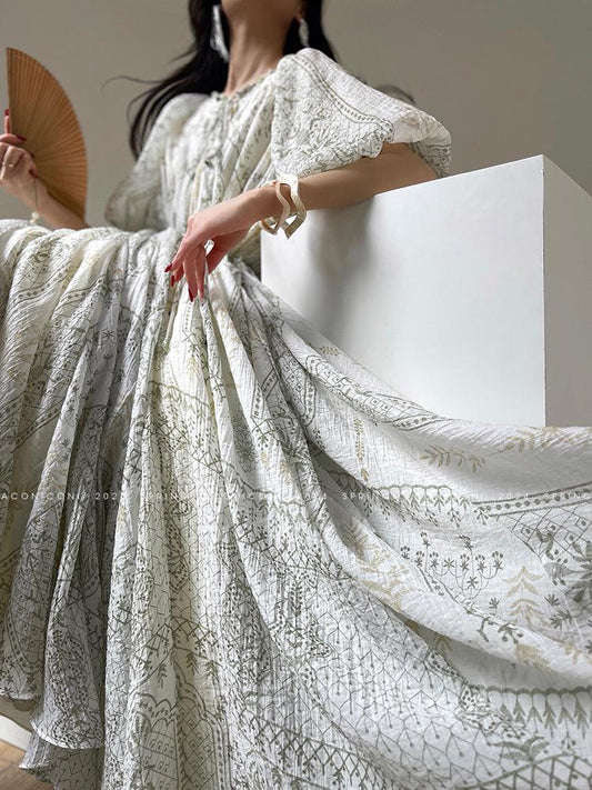 Aconiconi Luxury Short Sleeve Loose Holiday Dress- Coconut Grove Wind