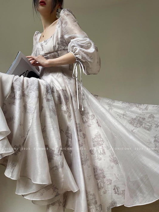 Aconiconi French Print Square Collar Long Sleeve  A-line Cocktail Dress- Southern Beauty