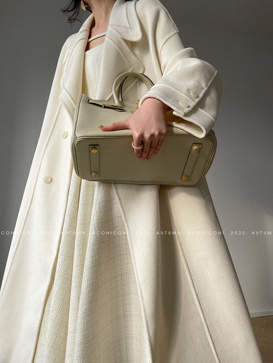 Aconiconi Luxury Elegant White Double Breasted Long Wool Winter Coat-  Fengmian Monologue