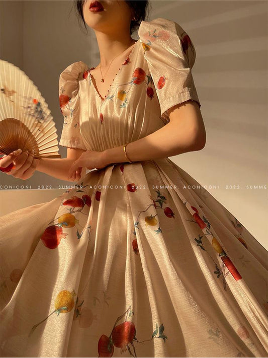 Aconiconi Elegant V-Neck Short Lantern Sleeve High Waist A-Line Dress- Pomegranate