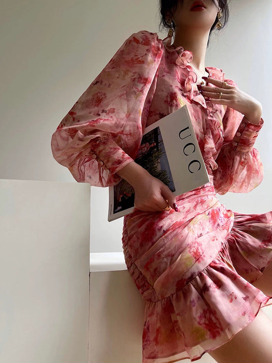 Aconiconi French Printed Romantic V-neck Ruffle Waist Wrap Dress - Xuxu