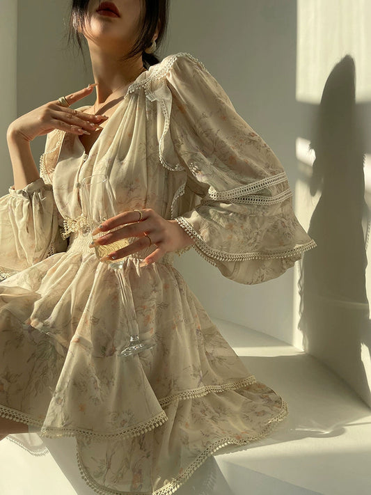 Aconiconi Elegant V-Neck Palace Sleeve Short layered  Dress-Lanshan Qimeng