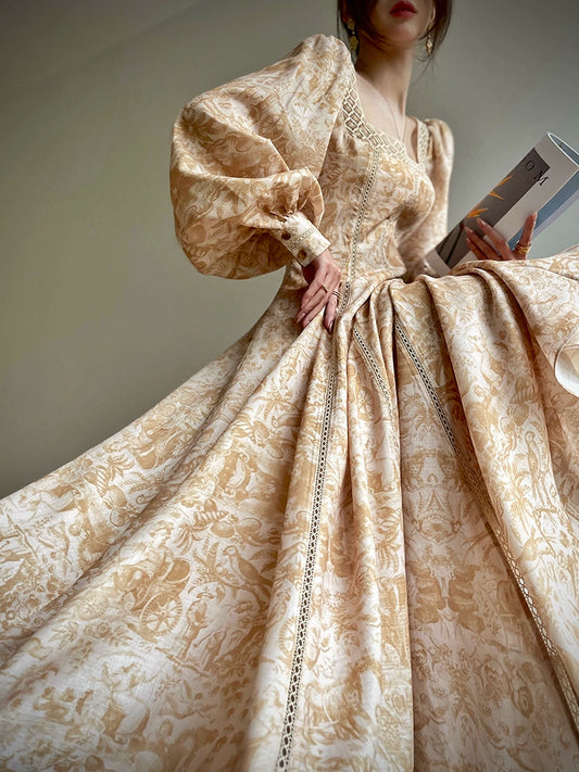 Aconiconi Elegant Warm Retro French Style Lantern Midi Tea Dress - Warm Spring