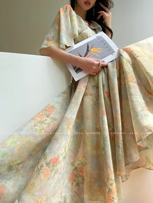 Aconiconi Luxury French Print Flying Sleeve midi Dress-  Light clear jasmine