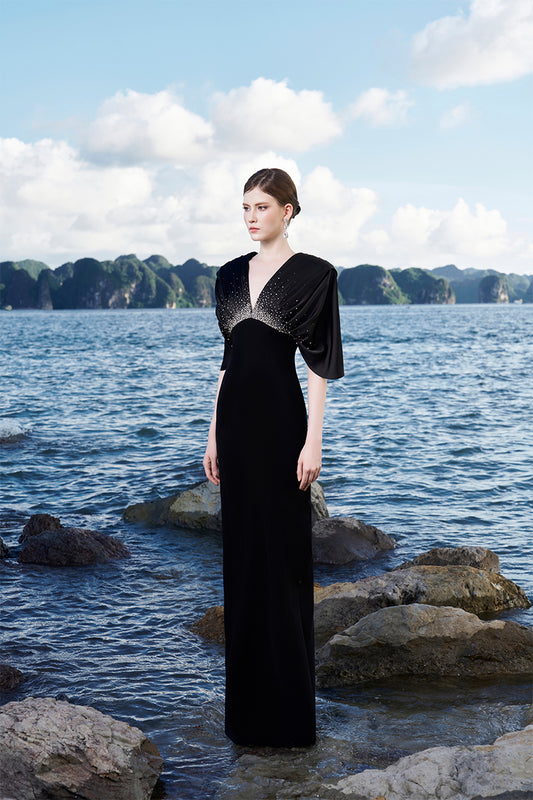 Tracy Studio luxury crystal embellished Flared Sleeves Deep V-Neck Dress - Tilda Black