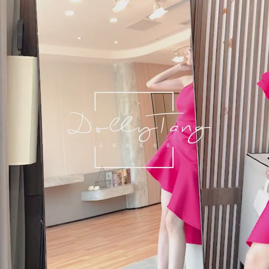 DOLLY Elegant Slant Collar Ruffle Sleeve Slim Fit Midi Irregular Skirt Party Dress-GANGA