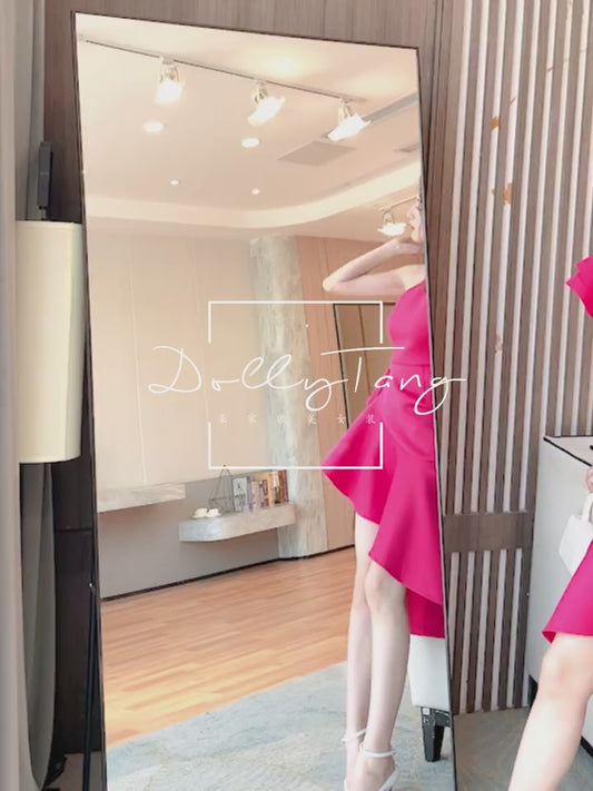 DOLLY Elegant Slant Collar Ruffle Sleeve Slim Fit Midi Irregular Skirt Party Dress-GANGA