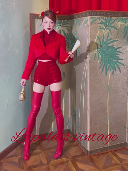 Le Palais Vintage Elegant Style Red Fur Crop Chinese Jacket - Jacky.