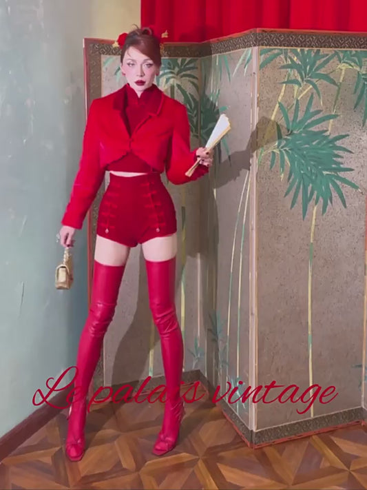 Le Palais Vintage Elegant Style Red Fur Crop Chinese Jacket - Jacky.