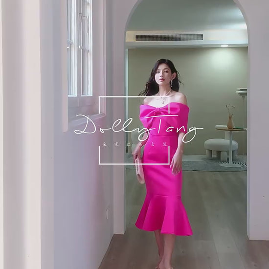 DOLLY Elegant Pink Big Bow Tube Top Off Shoulder Ruffled Fish Tail Dress-ZAYNAB