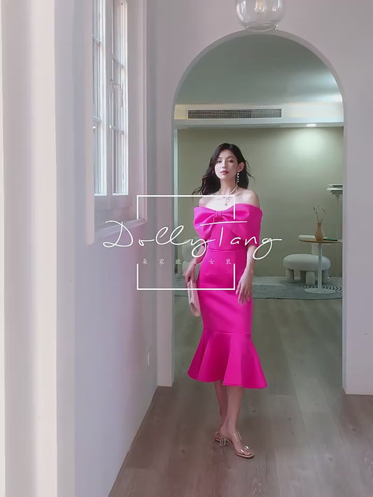 DOLLY Elegant Pink Big Bow Tube Top Off Shoulder Ruffled Fish Tail Dress-ZAYNAB