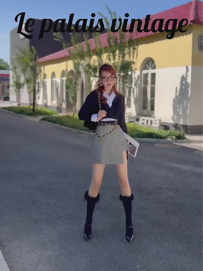 Le Palais Vintage Original Retro Irregular Long Woolen Houndstooth Skirt- VERA.