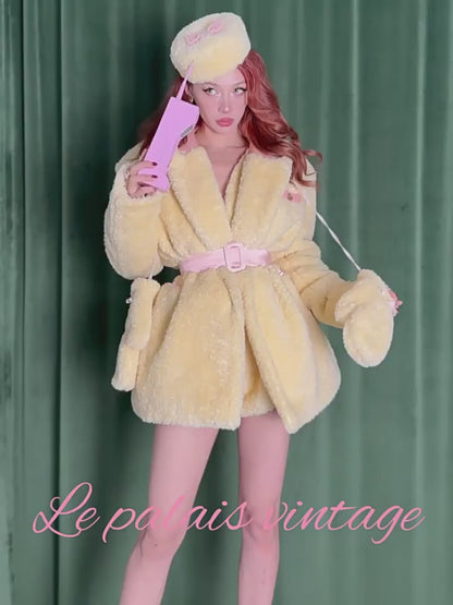 Le Palais Vintage Elegant Yellow Fur Short Warm Jacket-Pine - LILLY.