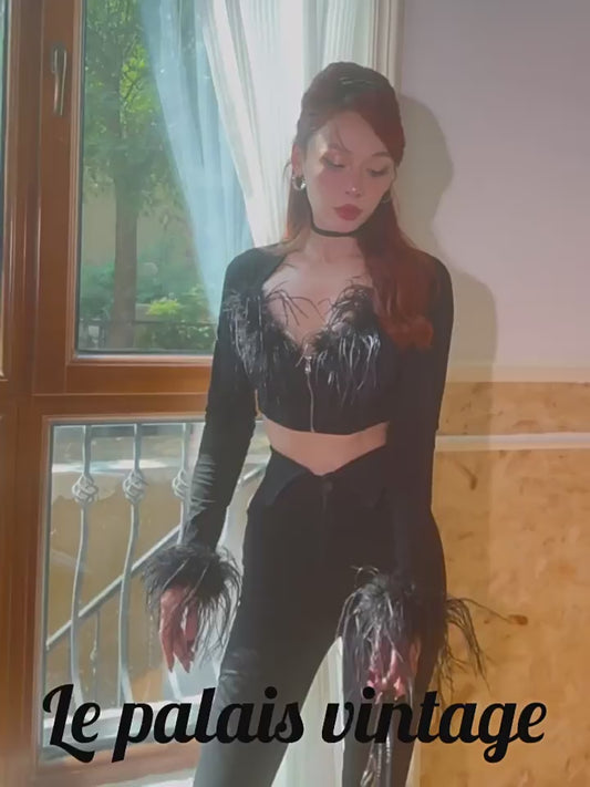 Le Palais Vintage Elegant Ostrich Feather Black Tight Crop Thin Top-Candace.