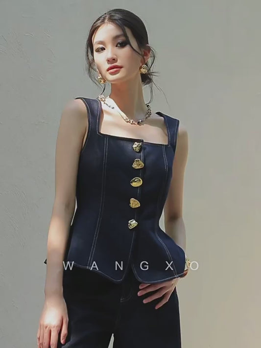 WANGXO | Light-Breathing Tencel Cotton Custom Metal Buckle Vest & Wide-Leg Pants Retro Denim Suit-YARA