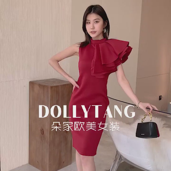 DOLLY High End Retro Style Sleeveless Ruffle Slim Fit Midi Church Dress-RAIN