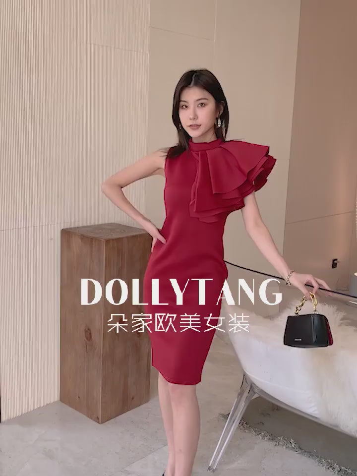 DOLLY High End Retro Style Sleeveless Ruffle Slim Fit Midi Church Dress-RAIN