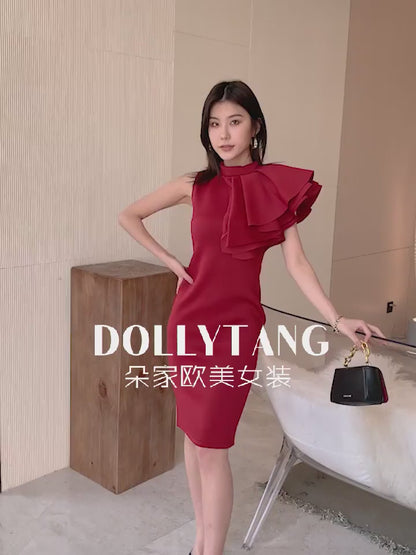 DOLLY High End Retro Style Sleeveless Ruffle Slim Fit Midi Church Dress-RAIN