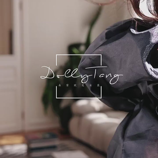 Dolly Elegant Black Sequin V-Neck Short Puff Sleeve Off Shoulder Evening Dress-JUANITA