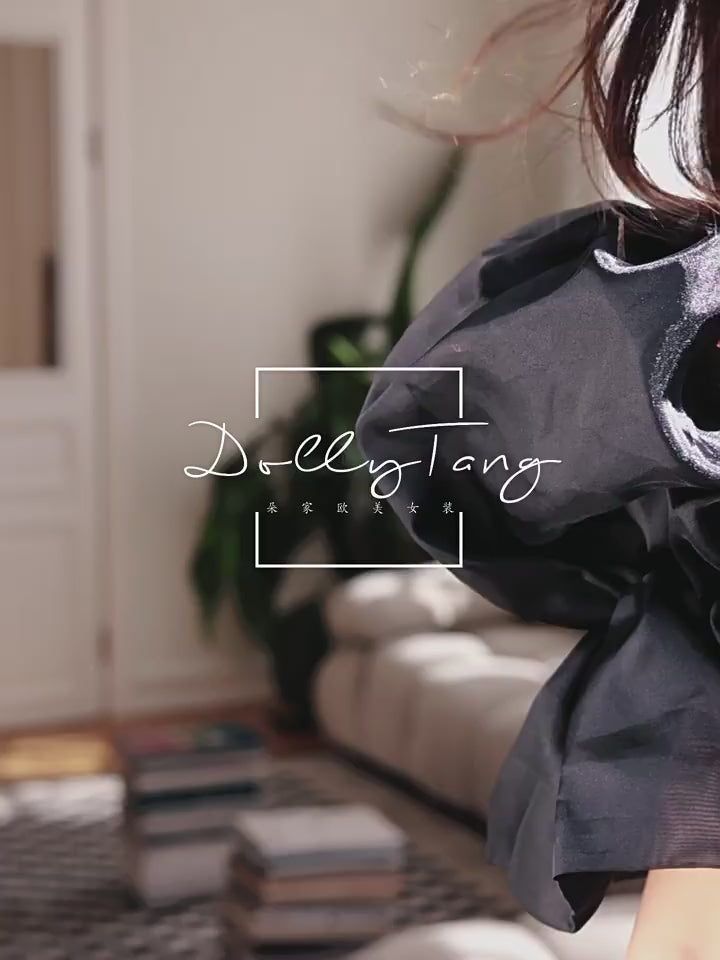 Dolly Elegant Black Sequin V-Neck Short Puff Sleeve Off Shoulder Evening Dress-JUANITA