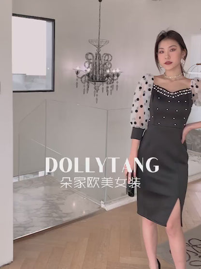 DOLLY Luxury Black Retro Style V-Neck Polka Dot Long Sleeve Slim Fit Dress-DEL